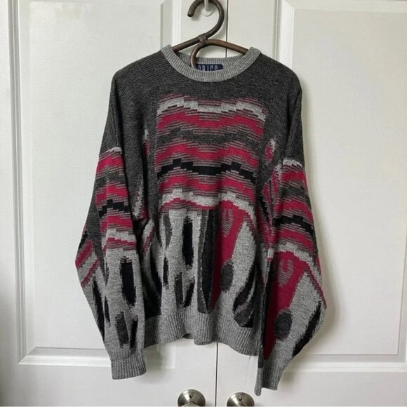 Vintage Brics Geometric Stripe Abstract Gray Knit Grandpa Sweater - Picture 1 of 4